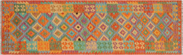 Flat Weave Kilim, Antique, Navaho, Vintage, Handmade, Geometric Kilim Blue Rust Hand-Woven Runner 100% Wool Area Rug 3 x 10